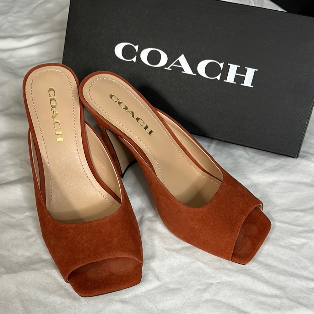Coach Cognac Suede Heeled Mules